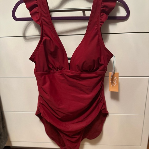 Kona Sol™ Other - Kona Sol Women's Ruffle Shoulder Ruched Full Coverage OnePiece Swimsuit,Red M